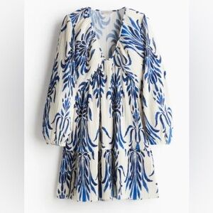 H&M Cream & Blue Print Dress Medium
